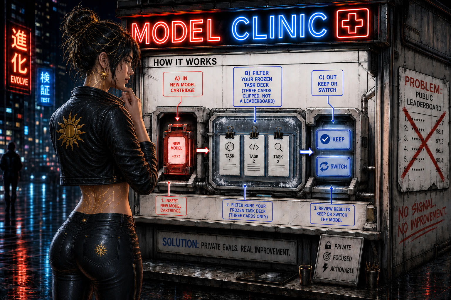 Model clinic: a neon kiosk for private evals. Insert a new model cartridge, filter a frozen three-card task deck, then keep or switch.
